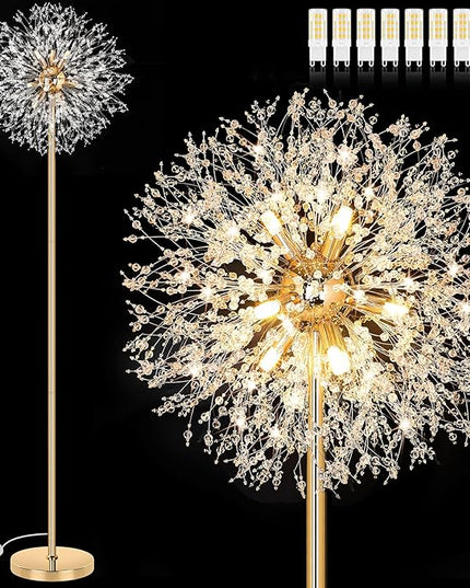 BesLowe 69'' Crystal Floor Lamp for Living Room, Modern Standing Lamp with 738PCS K9 Crystals, Tall Lamp Pole Light for Bedroom Office, Mid Century Gold Floor Lighting with 9 LED Bulbs, Antique Brass - LeafyLoom