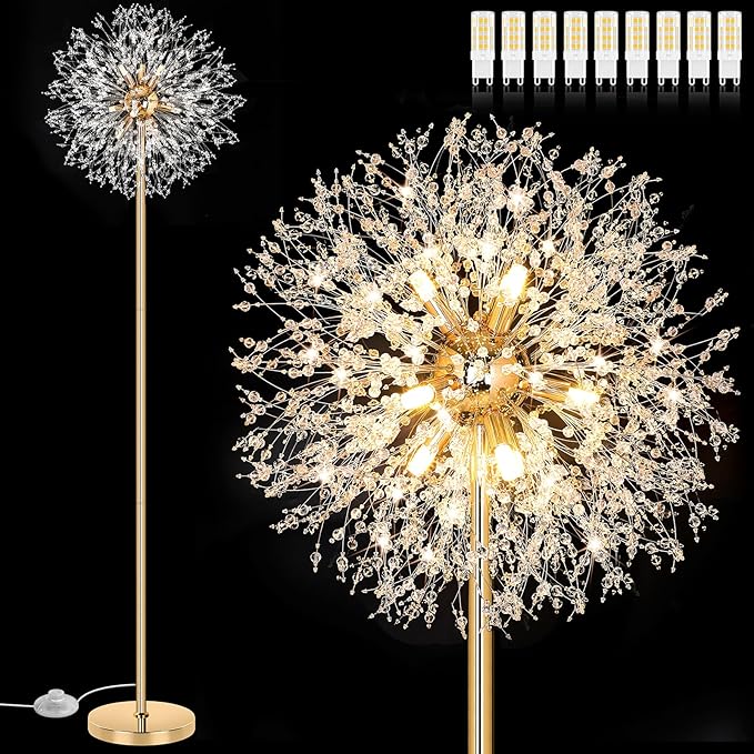 BesLowe 69'' Crystal Floor Lamp for Living Room, Modern Standing Lamp with 738PCS K9 Crystals, Tall Lamp Pole Light for Bedroom Office, Mid Century Gold Floor Lighting with 9 LED Bulbs, Antique Brass - LeafyLoom