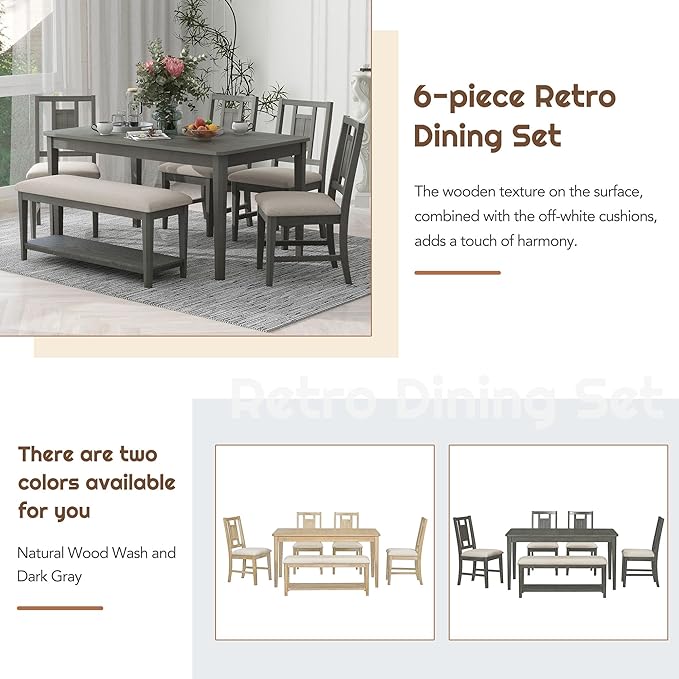 6-Piece Retro Dining Set, Minimalist Rectangular Table and 4 Upholstered Chairs & 1 Bench with a Shelf for Kitchen Living Room, Dark Gray, 60" L x 43" W x 30" H - LeafyLoom