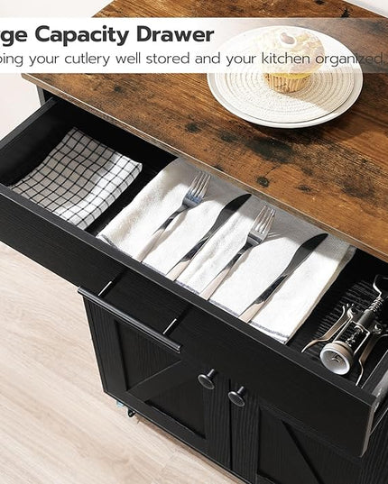 HOOBRO Kitchen Island with Power Outlet, Kitchen Storage Island with Large Worktop, Spice Rack and Drawer, Rolling Kitchen Cart on Wheels, for Kitchen and Dining Room, Rustic Brown and Black BF88UZD01 - LeafyLoom