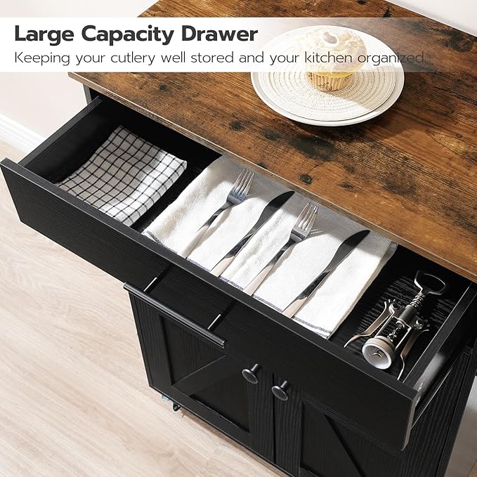 HOOBRO Kitchen Island with Power Outlet, Kitchen Storage Island with Large Worktop, Spice Rack and Drawer, Rolling Kitchen Cart on Wheels, for Kitchen and Dining Room, Rustic Brown and Black BF88UZD01 - LeafyLoom