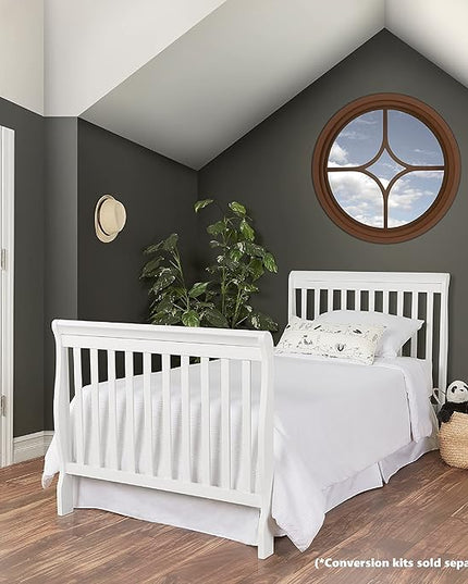 Aden 4-in-1 Convertible Mini Crib In White, Greenguard Gold Certified, Non-Toxic Finish, New Zealand Pinewood, With 3 Mattress Height Settings - LeafyLoom