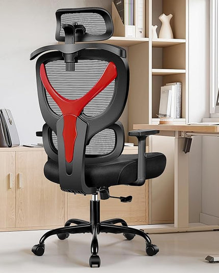 Office Chair Ergonomic Desk Chair Comfy Computer Chair, Big and Tall Home Office Chair with Back Support, Mesh Office Chair High Back Gaming Chair with Adjustable Armrest (Red) - LeafyLoom