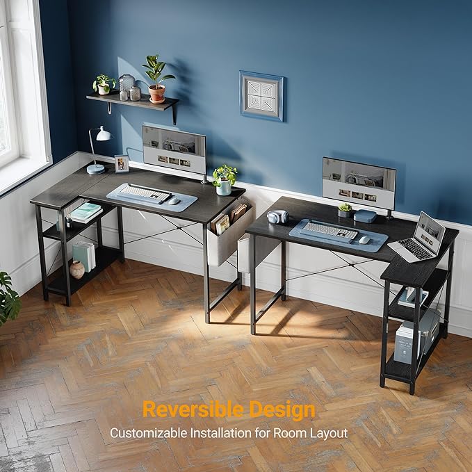 CubiCubi L Shaped Desk, 40" Computer Desk with Reversible Storage Shelves Home Office Corner Desk Study Writing Gaming Table, Black - LeafyLoom