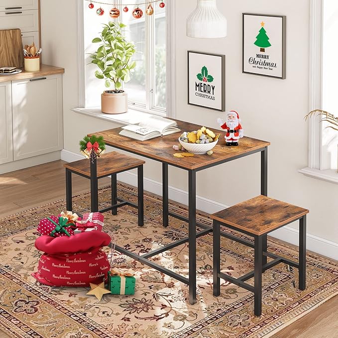 HOOBRO 3-Piece Industrial Dining Table Set, Space Saving Dinette for Kitchen, Dining Room, Small Space, Breakfast Nook, Living Room, Party, Rustic Brown and Black BF75CZ01G1 - LeafyLoom