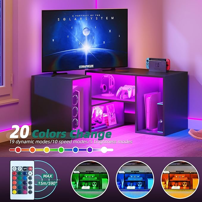 YITAHOME 42" Deformable TV Stand w/LED Strip, Modern Entertainment Center for 70/65/60/55/50/45 inch TVs, Gaming TV Consoles 2 Pieces Media Console Cabinet for Living Room, Black - LeafyLoom