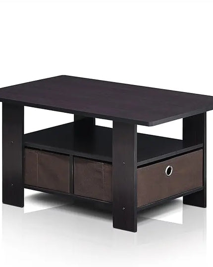 Furinno Andrey Coffee Table with Bin Drawer, Dark Walnut - LeafyLoom