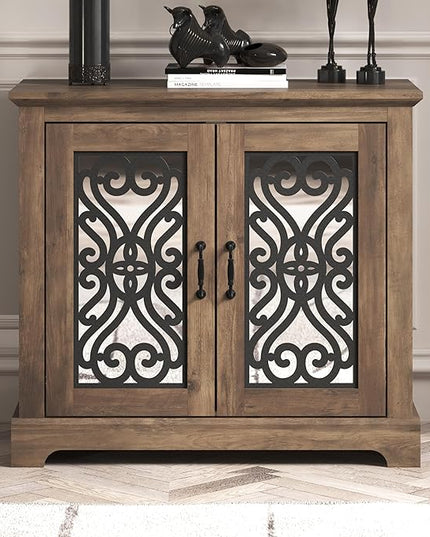 Galano Calidia 2 Door Sideboard, Kitchen Storage Sideboard Buffet Cabinet Console with Acrylic Mirror Doors & Adjustable Shelves, 15.67" D x 32.36" W x 29.29" H, Knotty Oak - LeafyLoom