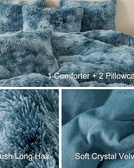 WINLIFE Shaggy Bedding Comforter Set Full Blue Faux Fur Flannel Furry Comforter Plush Comforter Sets Gradient Ombre Tie Dye Bedding for Teens Adults (3Pcs, Full, Smoke Blue) - LeafyLoom