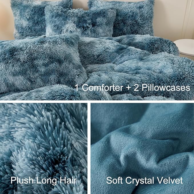 WINLIFE Shaggy Bedding Comforter Set Full Blue Faux Fur Flannel Furry Comforter Plush Comforter Sets Gradient Ombre Tie Dye Bedding for Teens Adults (3Pcs, Full, Smoke Blue) - LeafyLoom