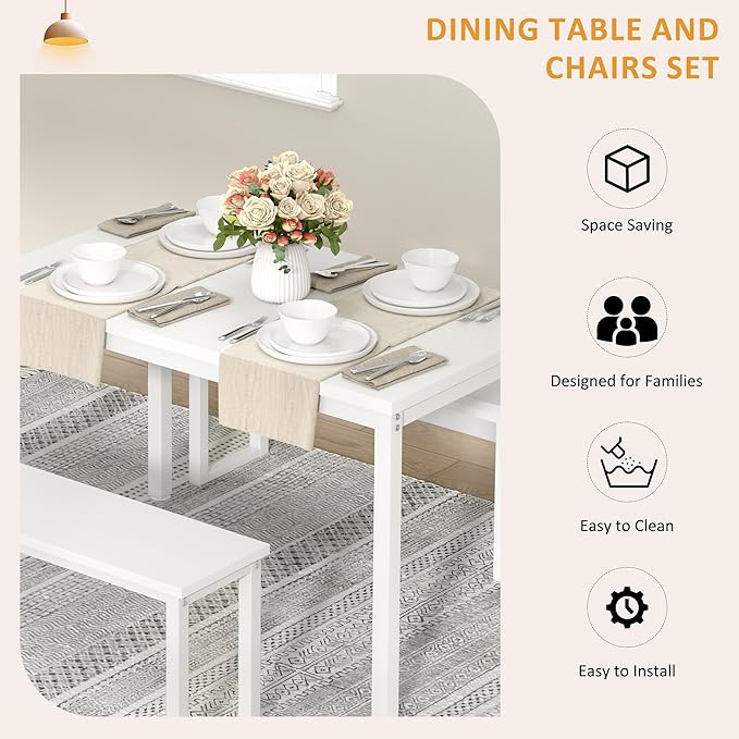 SDHYL Dining Table Set, 45in Dining Table Sets with 2 Benches, Dining Room Table Set for 3, Small Rectangular Wood Dining Table with 2 Bench Chairs/3 Piece Set for Home, Kitchen, Dining Room, White - LeafyLoom