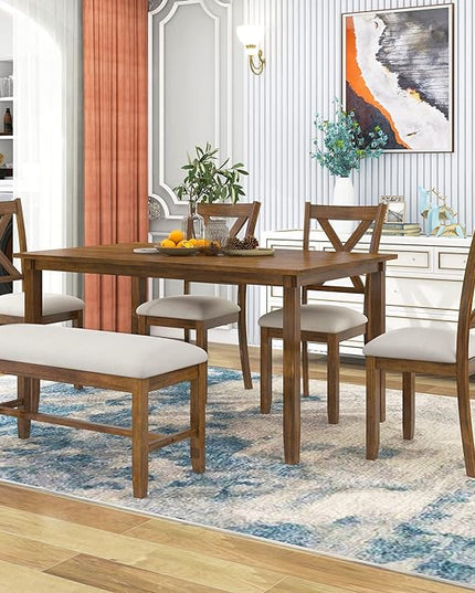 Wooden Rectangular, 4 Fabric Chairs, and Bench Family Furniture, for Playroom, Living Room, Home Bar, and Kitchen, Natural Cherry, 6 Piece Dining Table Set - LeafyLoom
