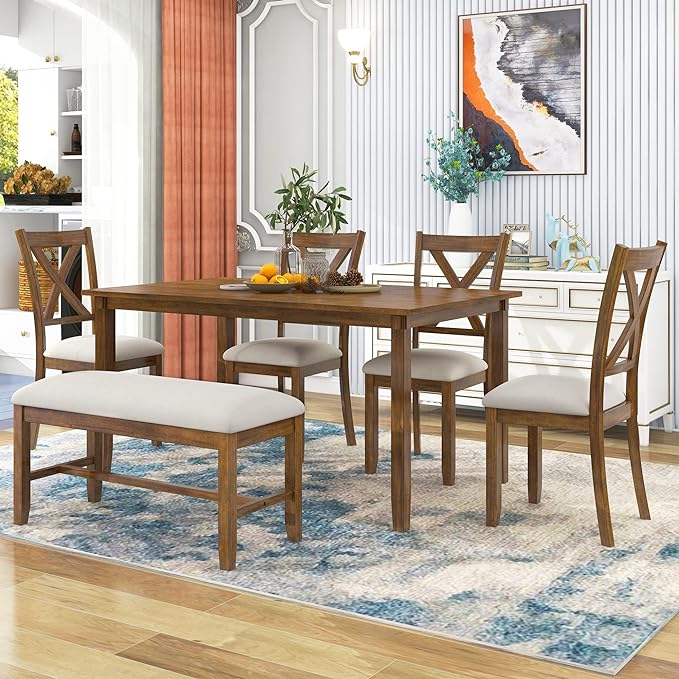 Wooden Rectangular, 4 Fabric Chairs, and Bench Family Furniture, for Playroom, Living Room, Home Bar, and Kitchen, Natural Cherry, 6 Piece Dining Table Set - LeafyLoom