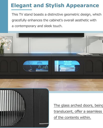 Merax TV Stand for Televisions Up to 95'', Functional Media Console with APP-Controlled Smart LED Light, Arched Cabinet Doors and Fluted Glass Doors, Entertainment Center, for Living Room, Black - LeafyLoom