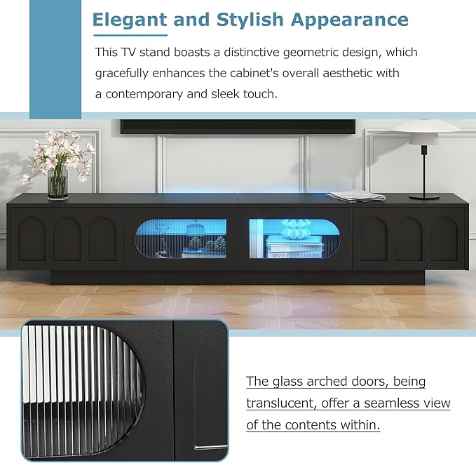Merax TV Stand for Televisions Up to 95'', Functional Media Console with APP-Controlled Smart LED Light, Arched Cabinet Doors and Fluted Glass Doors, Entertainment Center, for Living Room, Black - LeafyLoom