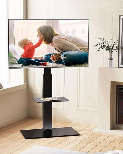 FITUEYES Swivel Floor TV Stand with Mount for TVs 37 43 50 55 60 65 70 75 Inch LCD LED Flat/Curved Screens Universal Swivel Televisions TV Mount Stand for Bedroom Living Room Black Tempered Glass Base - LeafyLoom