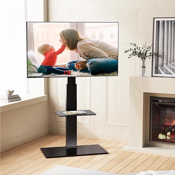 FITUEYES Swivel Floor TV Stand with Mount for TVs 37 43 50 55 60 65 70 75 Inch LCD LED Flat/Curved Screens Universal Swivel Televisions TV Mount Stand for Bedroom Living Room Black Tempered Glass Base - LeafyLoom