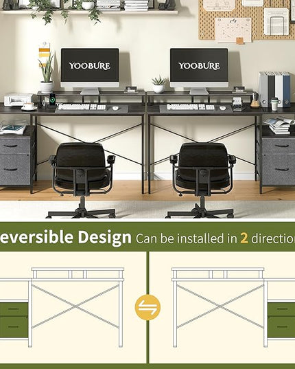 Yoobure Computer Desk, Gaming Desk with LED Lights & Power Outlets, Office Desk with Fabric File Cabinets, 55.1" Gaming Table with Long Monitor Stand, PC Gamer Desk with Drawers for Home office, Grey - LeafyLoom