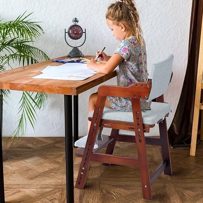 Ezebaby Wooden High Chair for Toddlers to Teens, Adjustable Kids Study Chair with Steps, Kids Dining Chair with Removable Cushion (Nut-Brown) - LeafyLoom