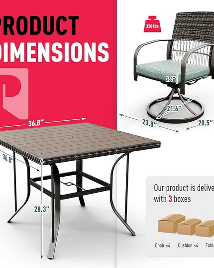 Pamapic 5 Piece Outdoor Dining Set, Rattan Outdoor Patio Furniture Set for Deck Backyard with Plastic-Wood Outdoor Dining Table, 4 Swivel Outdoor Dining Chairs and Removable Cushions (Green) - LeafyLoom