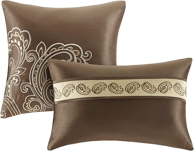 Madison Park Essentials Brystol 24 Piece Room in a Bag Faux Silk Comforter Jacquard Paisley Design Matching Curtains Down Alternative Hypoallergenic All Season Bedding-Set, King(104"x92"), Brown - LeafyLoom
