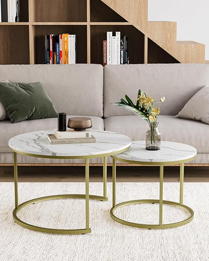 White Nesting Coffee Table Set of 2, 27.6" Round Coffee Table Wooden Marble Pattern with Adjustable Non-Slip Feet, Industrial End Table for Living Room Bedroom Balcony - LeafyLoom