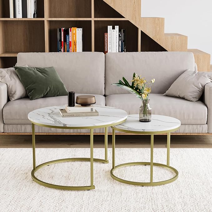 White Nesting Coffee Table Set of 2, 27.6" Round Coffee Table Wooden Marble Pattern with Adjustable Non-Slip Feet, Industrial End Table for Living Room Bedroom Balcony - LeafyLoom