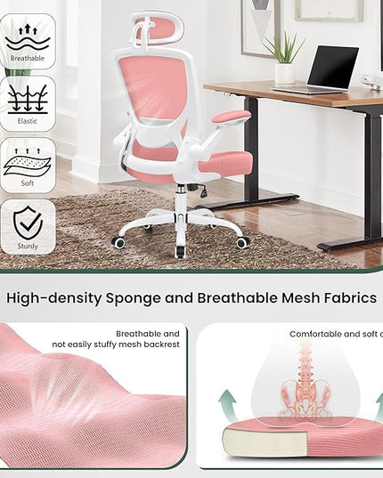 KERDOM Ergonomic Office Chair, Lumbar Support Computer Chair with Headrest and Flip-up Arms, Breathable Mesh Desk Chair, Swivel Task Chair, Adjustable Height Gaming Chair, Pink - LeafyLoom