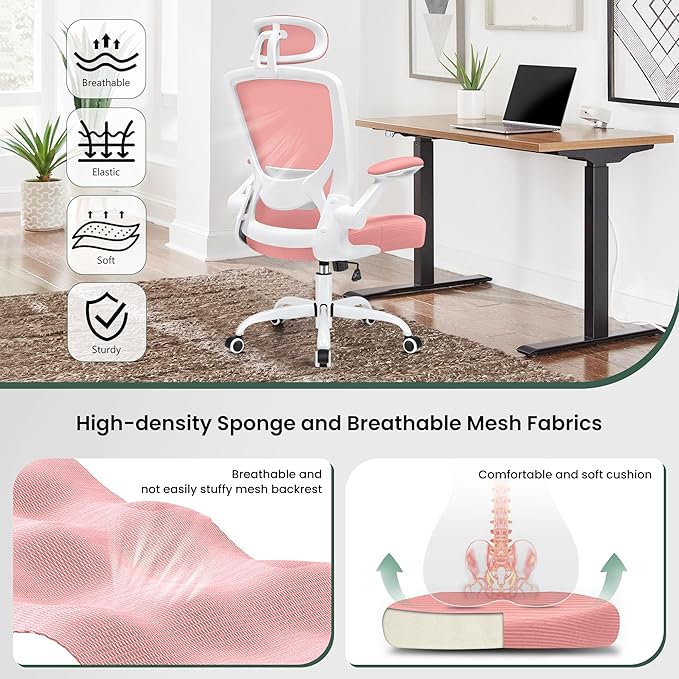 KERDOM Ergonomic Office Chair, Lumbar Support Computer Chair with Headrest and Flip-up Arms, Breathable Mesh Desk Chair, Swivel Task Chair, Adjustable Height Gaming Chair, Pink - LeafyLoom