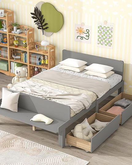 Dolonm Full Bed Frames for Kids with 2 Drawers, Storage Platform Bed with Footboard Bench, Twin Kids Bed Headboard Frame Pine Wood, High Stable, No Box Spring Needed, Twin Bed for Kids, Grey - LeafyLoom