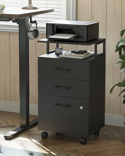 FEZIBO File Cabinet with Lock for Home Office, 3-Drawer Rolling Filing Cabinet, Home Office File Cabinet for A4/Letter/Legal Size, Printer Stand, Wooden Storage Cabinet, Black - LeafyLoom