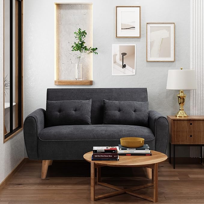 Shintenchi 47" Black Wood Loveseat Sofa, 350 lbs Weight Capacity, Simple Assembly Required - LeafyLoom