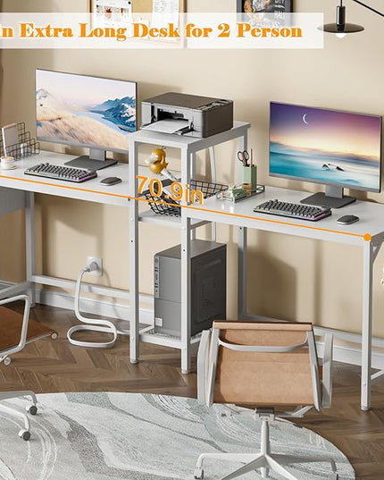 Furologee White 71" Double Gaming Desk, Extra Long 2 Person Computer Desk with Book Shelf and Cloth Bag, Large Office Desk Study Writing Table with Hooks for Home Office (NO Power Outlets) - LeafyLoom