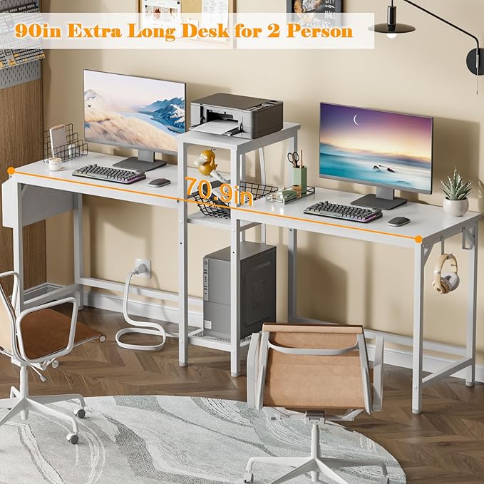 Furologee White 71" Double Gaming Desk, Extra Long 2 Person Computer Desk with Book Shelf and Cloth Bag, Large Office Desk Study Writing Table with Hooks for Home Office (NO Power Outlets) - LeafyLoom
