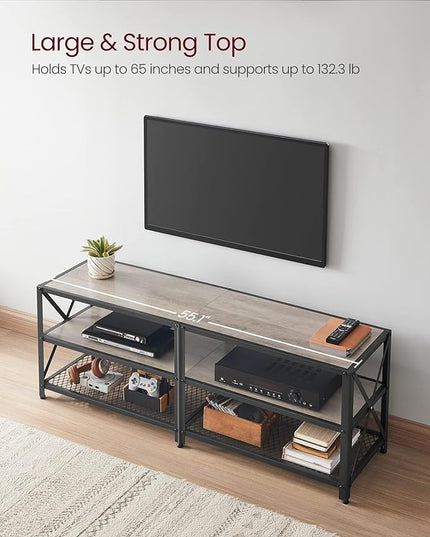 VASAGLE TV Stand, TV Console for TVs Up to 65 Inches, TV Table, 55.1 Inches Width, TV Cabinet with Storage Shelves, Steel Frame, for Living Room, Bedroom, Greige and Black ULTV094B02 - LeafyLoom
