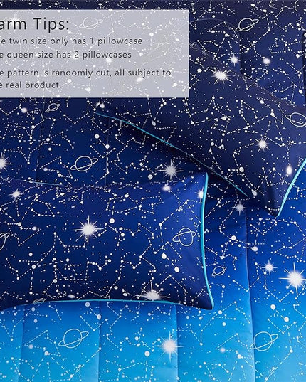 KAKKI Blue Ombre Glitter Galaxy Comforter Set Queen for Boys Girls, Sparkle Constellation Starry Sky Comforter for Kids Teen, 3pc Soft Bedding with 2 Pillow Cases for All Season - LeafyLoom