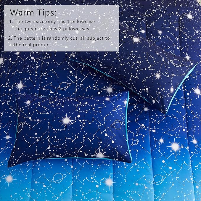 KAKKI Blue Ombre Glitter Galaxy Comforter Set Queen for Boys Girls, Sparkle Constellation Starry Sky Comforter for Kids Teen, 3pc Soft Bedding with 2 Pillow Cases for All Season - LeafyLoom