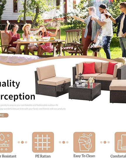 Shintenchi 5 Pieces Patio Furniture Sets Outdoor All-Weather Sectional Patio Sofa Set PE Rattan Manual Weaving Wicker Patio Conversation Set with Glass Table&Ottoman Cushion and Red Pillows - LeafyLoom