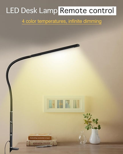 LED Desk Lamp for Office Home, Remote Control Desk Light with Stepless Dimming Adjustable Flexible Gooseneck,Eye-caring Clip on Table Lamp with 4 Color Modes, Workbench Drafting Reading Study bedrooms - LeafyLoom