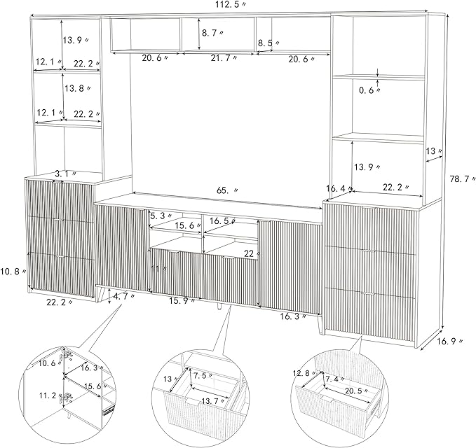 4-Piece Entertainment Wall Unit, Multifunctional Stand for TVs Up to 70", Media Console Table with 13 shelves,8 Drawers and 2 Cabinets for Living Room, 113 inch, White - LeafyLoom