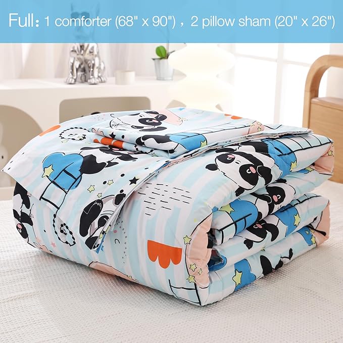 JSD Cute Panda Kids Comforter Set, 3 Pieces Full Microfiber Comforter with Pillow Shams, Soft Comfortable Machine Washable - LeafyLoom