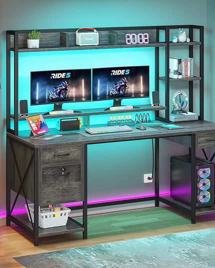 DWVO Computer Desk with Drawers & Hutch, 59.1" Office Desk with Power Outlets & LED Lights, Home Office Desk with Storage Shelves, Grey - LeafyLoom