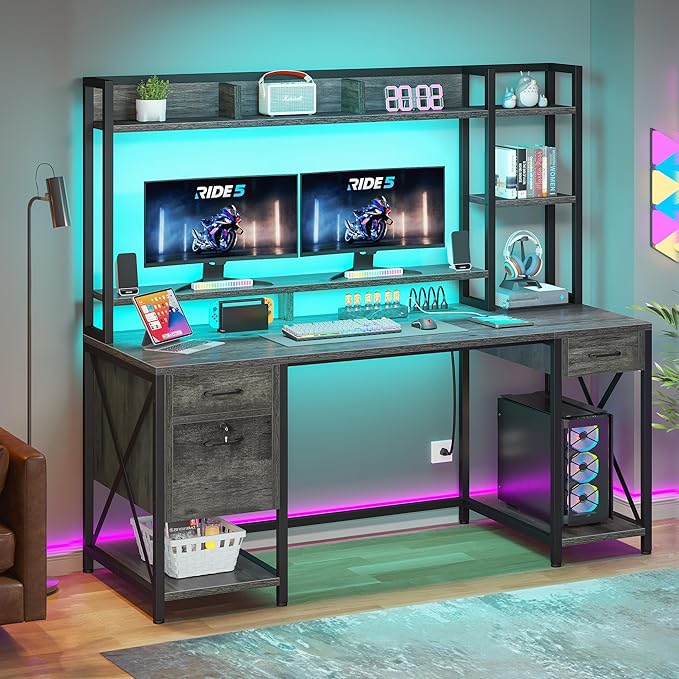 DWVO Computer Desk with Drawers & Hutch, 59.1" Office Desk with Power Outlets & LED Lights, Home Office Desk with Storage Shelves, Grey - LeafyLoom