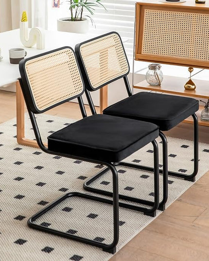 Dining Chairs Set of 2, Velvet Rattan Side Accent Chairs with Chrome Legs, Modern Mid Century Breuer Designed Chairs, Upholstered Dining Living Room Kitchen Chairs (Black-2pcs) - LeafyLoom