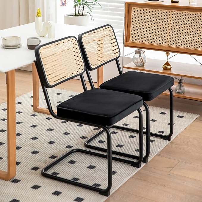 Dining Chairs Set of 2, Velvet Rattan Side Accent Chairs with Chrome Legs, Modern Mid Century Breuer Designed Chairs, Upholstered Dining Living Room Kitchen Chairs (Black-2pcs) - LeafyLoom