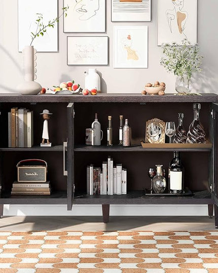 Merax Wood Sideboard, Buffet Cabinet with Storage & 3 Tempered Glass Doors, Built-in Adjustable Shelf, for Living, Dining Room and Kitchen, Brown - LeafyLoom
