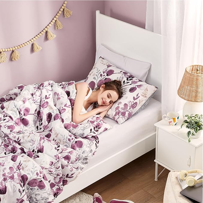 Codi Floral Twin Comforter Set for Teen Girls, Spring Lavender Bedding Sets with Soft Seersucker 2pcs - 1 Flower Comforters and 1 Pillows Case, Lilac Purple - LeafyLoom