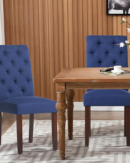COLAMY Button Tufted Dining Chairs Set of 6, Parsons Upholstered Fabric Dining Room Chairs Kitchen Chairs with Wood Legs and Padded Seat, Dark Blue - LeafyLoom