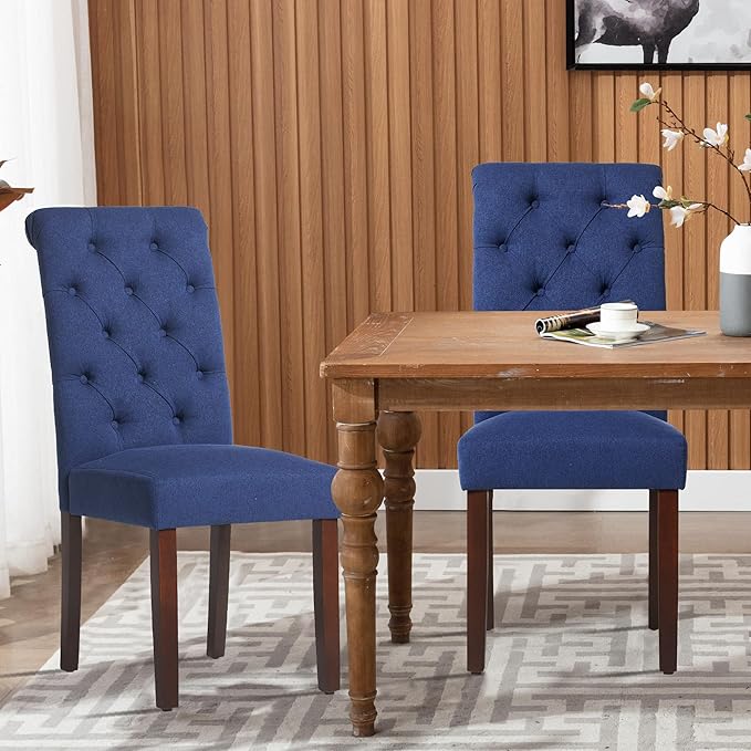COLAMY Button Tufted Dining Chairs Set of 6, Parsons Upholstered Fabric Dining Room Chairs Kitchen Chairs with Wood Legs and Padded Seat, Dark Blue - LeafyLoom