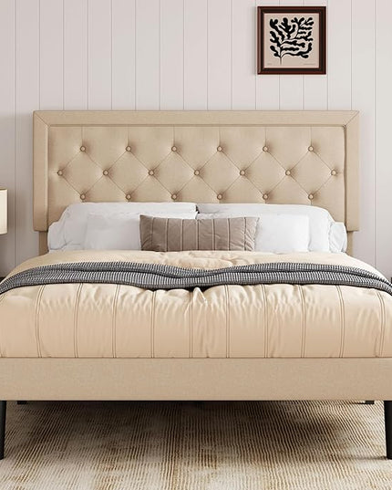 Allewie Full Size Button Tufted Platform Bed Frame/Fabric Upholstered Bed Frame with Adjustable Headboard/Wood Slat Support/Mattress Foundation/Beige (Full) - LeafyLoom